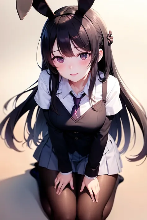 school uniform, white shirt, pantyhose, pleated skirt, necktie, rabbit ears, all fours,<lora:mayijiang-10:0.8>,mayijiang,light smile,mid_breats,best quality