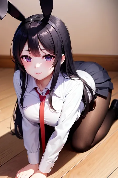 school uniform, white shirt, pantyhose, pleated skirt, necktie, rabbit ears, all fours,<lora:mayijiang-10:0.8>,mayijiang,light smile,mid_breats,best quality