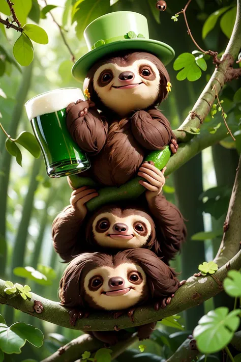 (2 sloths climbing a tree:1.4), (wearing a green top hat),((holding a green beer):1.3), in a forest, sunrays, (smiling:0.3), (four-leaf clover), (reaching arm out), looking at viewer,  (masterpiece:1.4), (4k:1.2), (extreme resolution:1.2), (highly intricate:1.2), (studio quality:1.2), (extremely detailed:1.2), (beautiful and aesthetic:1.4),
