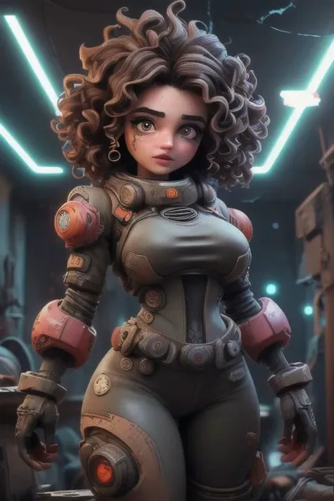 (pretty girl:1.1), (18 years old, young:1.2), (shortstack:1.2), mechanic, (weathered_damaged_grungy_worn:1.2)_skintight latex jump suit, wide hips, thick thighs, big boobs, perfect eyes, detailed eyes, dark eyes, clear pupils, clear irises, thick natural eyebrows, dirty face, dirty hands, dirty suit, realistic, photo realistic, scifi fantasy atmosphere, kawaii, short curly brown hair, (Latino:1.8), grungy scifi corridor, lens flare, rim lighting, retro styling, (Masterpiece:1.5), ultra quality, high detail, high res, high def, absurdres, 8k, realistic, photo realistic, (looking aside, looking away, candid:1.3), warm lighting, sweaty face, hot, steam vents, dynamic pose, dynamic camera angle,