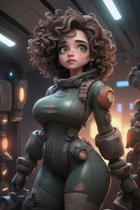 (pretty girl:1.1), (18 years old, young:1.2), (shortstack:1.2), mechanic, (weathered_damaged_grungy_worn:1.2)_skintight latex jump suit, wide hips, thick thighs, big boobs, perfect eyes, detailed eyes, dark eyes, clear pupils, clear irises, thick natural eyebrows, dirty face, dirty hands, dirty suit, realistic, photo realistic, scifi fantasy atmosphere, kawaii, short curly brown hair, (Latino:1.8), grungy scifi corridor, lens flare, rim lighting, retro styling, (Masterpiece:1.5), ultra quality, high detail, high res, high def, absurdres, 8k, realistic, photo realistic, (looking aside, looking away, candid:1.3), warm lighting, sweaty face, hot, steam vents, dynamic pose, dynamic camera angle,