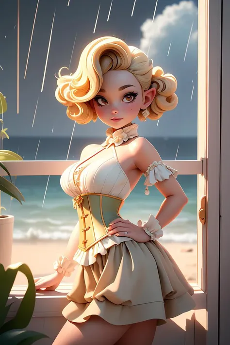 (masterpiece, best quality), female senior, fit, southeast asian, brown eyes, unlobed ears, square chin, asymmetrical cheeks, unusual forehead, diamond face shape with angular cheeks, , blonde curly haircut hair, contempt wearing fringe skirt, corset, , hand on waist, placing a hand on the waist with a confident look, exuding allure and elegance, rainy window lighting, soft, diffused light through raindrops on a window, creating a cozy and intimate mood, a sunny beach, with families building sandcastles and enjoying the ocean