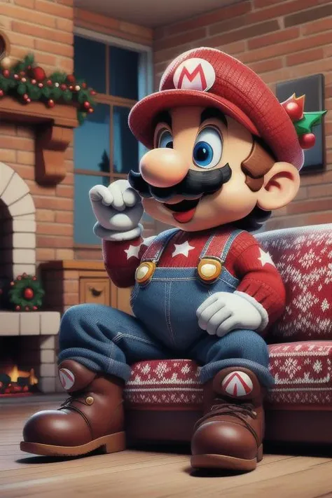 supermario,cartoon,wearing red christmassweater,blue overalls,white gloves,red hat,mustache,blue eyes,looking at viewer,smiling,happy,sitting in front of a fireplace,inside, cozy house,,<lora:SuperMario:0.7>, extremely detailed,hdr, <lora:world_christmassweater-20:0.5>