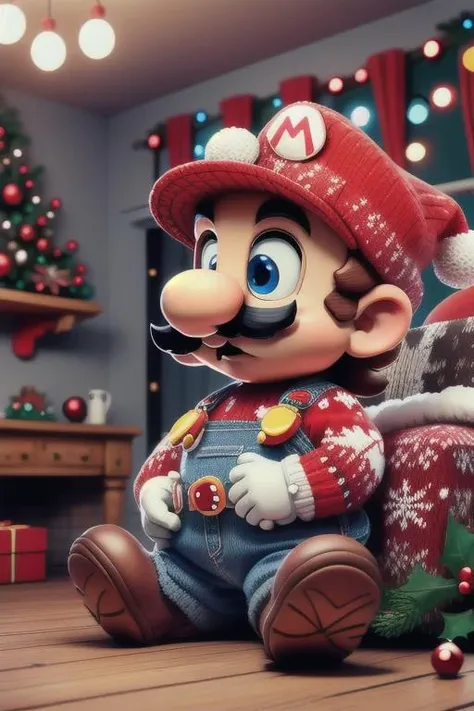 supermario,cartoon,wearing red christmassweater,blue overalls,white gloves,red hat,mustache,blue eyes,looking at viewer,happy,sitting in front of a fireplace,inside, cozy house,<lora:SuperMario:0.7>, extremely detailed,hdr, <lora:world_christmassweater-20:0.7>, christmas lights on background, looking at the camera