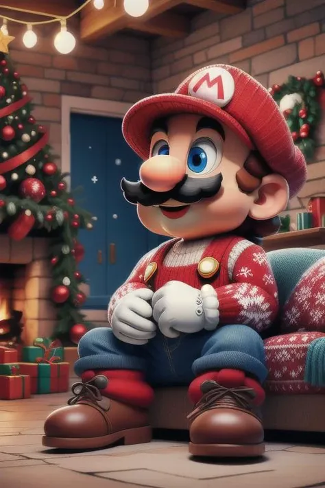 supermario,cartoon,wearing red christmassweater,blue overalls,white gloves,red hat,mustache,blue eyes,looking at viewer,smiling,happy,sitting in front of a fireplace,inside, cozy house,,<lora:SuperMario:0.7>, extremely detailed,hdr, <lora:world_christmassweater-20:0.5>, christmas lights on background