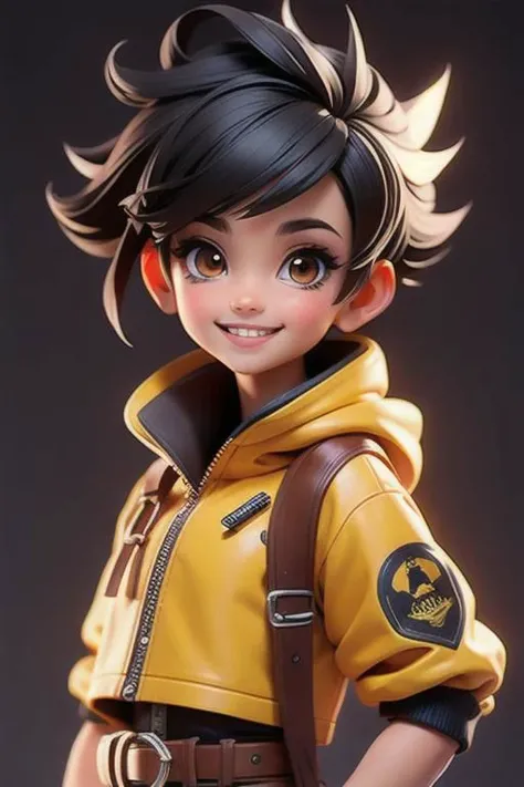 spiky bald hairstyle, short hair, mexican skin, gloves, crop top military, 1girl ,dark black hair, ((hair cut super short,)), soft Brown eyes, smile lips,