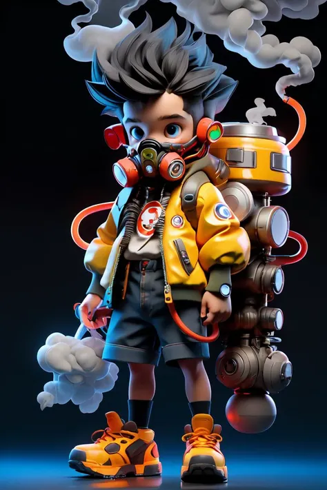 BJ_Monster,solo,looking_at_viewer,blue_eyes,simple_background,shirt,black_hair,1boy,blue_hair,standing,jacket,full_body,male_focus,multicolored_hair,shoes,shorts,mask,black_shorts,ring,spiked_hair,black_background,smoke,cable,yellow_jacket,male_child,gas_mask,tube,respirator,cinematic lighting,strong contrast,high level of detail,Best quality,masterpiece,White background,<lora:Oil_sucking_monster(4500):0.7>,