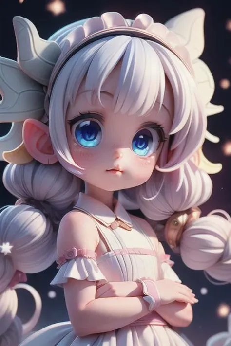 masterpiece, (Best quality:1.2), highres, (scenary:1.2), Dynamic light, maid dragon, kanna, 1 little girl, snowflakes, cute, looking at viewer, cinematic lighting, dramatic angle, blue eyes, pointy ears, hair ornament, white dress, bare shoulders, laces, AGGA_ST004, cute adorable face, ribbon,