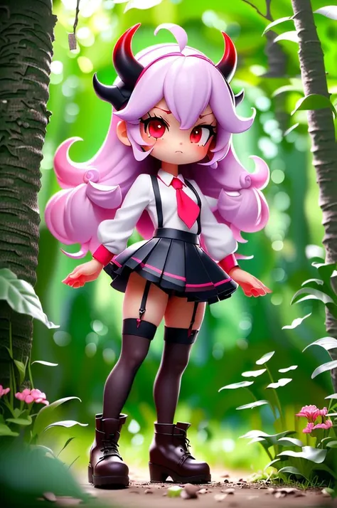 (best quality, masterpiece, hires), <lora:Arco_-_Marco_and_the_Galaxy_Dragon:0.8>, arco, lilac hair, horns, red eyes, dip dye, suspender skirt, ascot, thighhighs, garter straps, ((toon)), forest