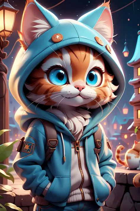 cat,hooded,clothed,ginger cat,blue eyes,portrait,night,<lora:WarmCats:0.8>, <lora:GoodHands-beta2:1>