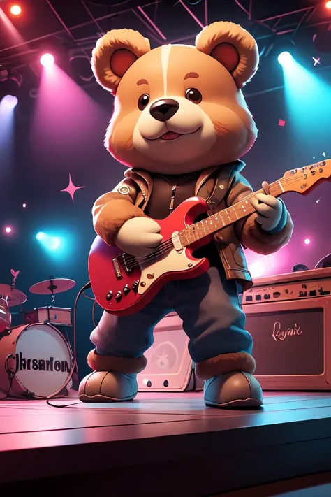 Masterpiece, best quality, Animal-personified bear , 1 bear, playing guitar in a club, <lora:GoodHands-beta2:1> jacket,