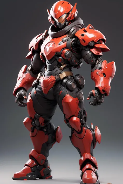 masterpiece, best quality, 1boy, red and black armor, red and black bodysuit, full body , bald, mechanical arms, male focus, science fiction, solo, standing, simple background <lora:Niji:0.6>