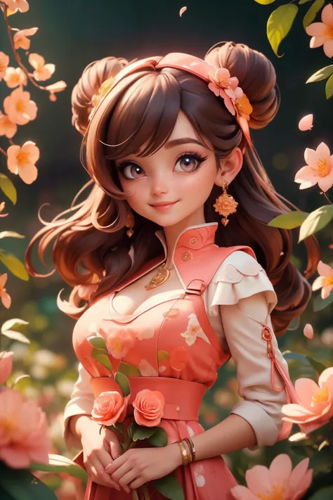 glamour photo of a (chibi:1.2) cute girl, (A dynamic composition of intersecting lines and geometric shapes, suggesting a sense of order and balance, Lily, Amidst a tapestry of delicate petals, a secret garden reveals, its intricate blooms unfolding like a tale of mystic charm, Coral, Lustrous luster that bestows a rich and captivating sheen, Embellished, Trailblazer, Average Height, Skinny, Oval Face, Fair Skin, Light Brown Hair, amethyst Eyes, [[Curved Nose]], Pouty Lips, Sharp Chin, Long Hair, Straight Hair, Donut Bun, soft breasts, Drop earrings, berry metallic lipstick), (evil smiling), (8k, RAW photo, best quality, depth of field, ultra high res:1.2), (absurdres, intricate, photorealistic, masterpiece, ultra-detailed:1.3, cinematic lighting), shot at eye level, (photographed on a Nikon D5 with 200mm lens, 1/1000th, f/2, ISO 4000), outdoor, street photography setting,