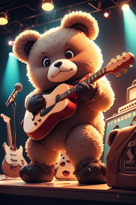 (Masterpiece, best quality:1.2), Animal-personified bear , 1 bear, playing guitar in a club