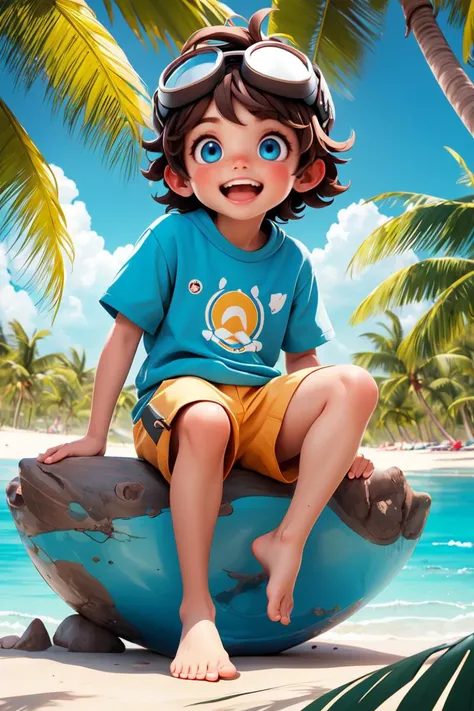 masterpiece,best quality,1boy,solo,goggles on head,male focus,blue eyes,outdoors,barefoot,shorts,open mouth,smile,looking at viewer,sitting,beach,blush,tree,brown hair,sky,palm tree,ocean,day,<lyco:GoodHands-beta2:1.0>
