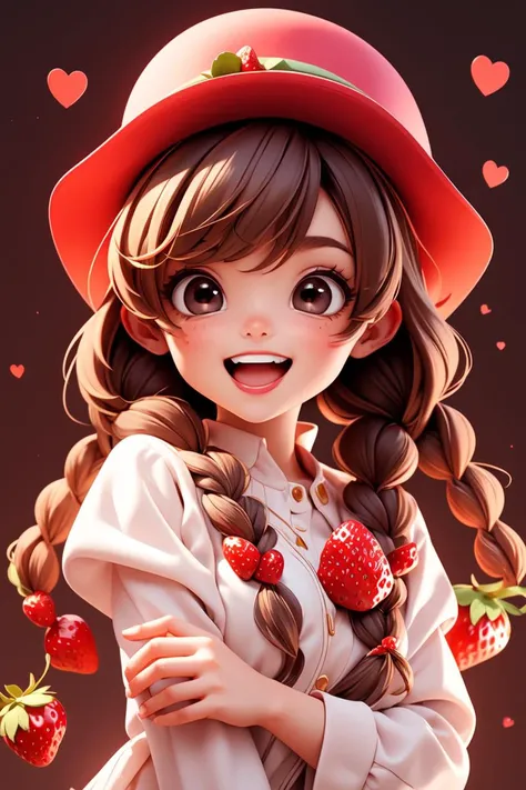 masterpiece,best quality,dramatic, 1girl, solo, long hair, smile, open mouth, bangs, brown hair, hat, strawberry, holding fruit, upper body, braid,chibi, black eyes, twin braids, fruit, red headwear, cropped torso, <lyco:GoodHands-beta2:1.0>
