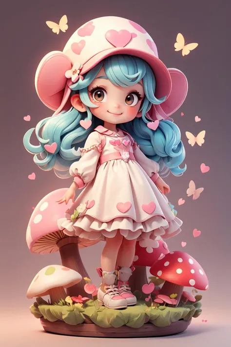 (best quality), (masterpiece), a little cute 10 yo girl, smiling face, mushroom like hat on head, highly detailed butterfly, looking at viewer, heart shaped hand, hearts floating around