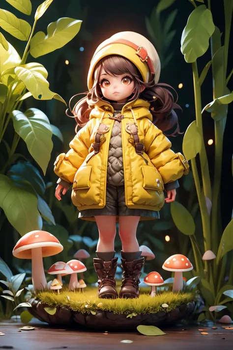 forest, luminescence mushroom , 1girl,(yellow coat:1.1) ,fat dog,masterpiece, best quality, fantasy,unique composition, <lyco:GoodHands-beta2:1.0>