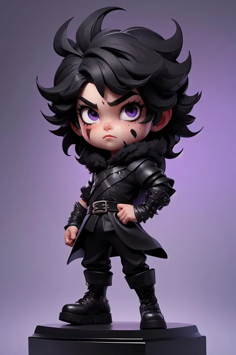 (masterpiece),(best quality),(ultra-detailed), (full body:1.2), Jon Snow from TV series Game of Thrones,(purple bruise around eyes:1.3), (black short hair, black eyes, black cloth, black pants, black sleeves, black liner, (black armer:1.2), black cloak, black shoes, beard, right hand in a fist, chibi, (beautiful detailed face), (beautiful detailed eyes),