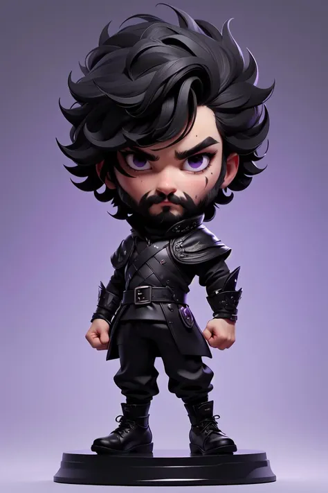 (masterpiece),(best quality),(ultra-detailed), (full body:1.2), Jon Snow from TV series Game of Thrones,(purple bruise around eyes:1.3), (black short hair, black eyes, black cloth, black pants, black sleeves, black liner, (black armer:1.2), black cloak, black shoes, beard, right hand in a fist, chibi, (beautiful detailed face), (beautiful detailed eyes),
