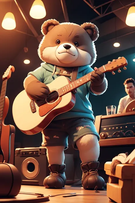 (Masterpiece, best quality:1.2), Animal-personified bear , 1 bear, playing guitar in a club