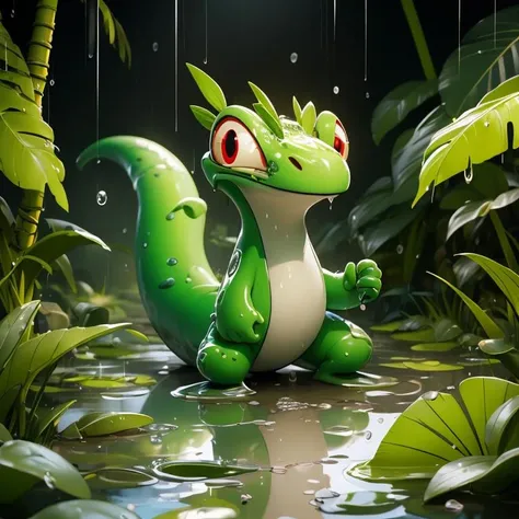 (8k, RAW photo, best quality, masterpiece:1.2),jungle,tropical forest,moisture,tail,green scales,red eyes,long tongue,puddles,steam,sweat,raindrops,vivid colors,techo,<lora:Techo:0.7>,