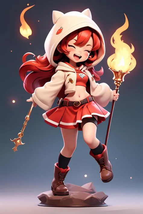 (best quality), (masterpiece), 1girl, fire, one eye closed, solo, red hair, green eyes, smile, boots, holding, hood, open mouth, staff, wide sleeves, red skirt, skirt, detached sleeves, ;d, standing on one leg, full body, hood up, chibi, standing, brown footwear, looking at viewer, long hair, , miniskirt, long sleeves, magic, teeth, midriff, black socks, kneehighs, <lora:GoodHands-beta2:1>