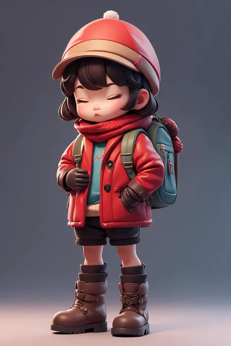 <lyco: 1:1>, ddler, eyes close together, bloomers, brown gloves, knit boots, cabbie hat, red coat, scarf, backpack,<lyco: mj Art style: 0.8>,<lyco: homemade cola: 1>,