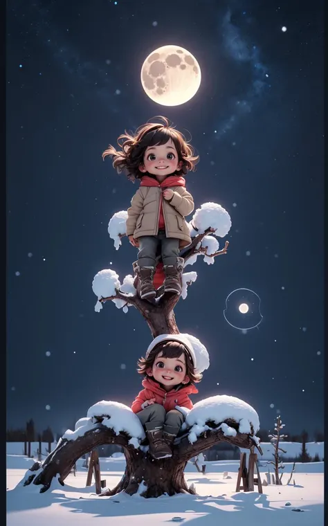 1girl,solo,moon,child,brown eyes,brown hair,lying,night,on stomach,sky,smile,tree,full moon,female child,boots,snow,looking at viewer,night sky,star (sky),english text,outdoors,, masterpiece,best quality,(photorealistic:1.4),(ultra high res:1.2),(raw photo:1.2),ultra-detailed,