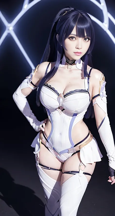 ((masterpiece)) ,best quality, ultra high res, (photorealistic:1.4),1girl, looking at viewer,  <lora:koreanDollLikeness_v10:0.3><lora:honkaiImpact3Herrscher_meiV1:0.7>,detailed,((solo)),(1girl),(Delicate eyes),breasts, purple_eyes, purple_eyes hairs,very_long_hair, bangs, raiden_mei, dress, bare_shoulders, hair_ornament, cleavage,deep_blue_hair, thighhighs, gloves, cleavage,ponytail,blue pupils,expressionless,upper body,straight-on,looking at viewer,facing up on, hand on hip