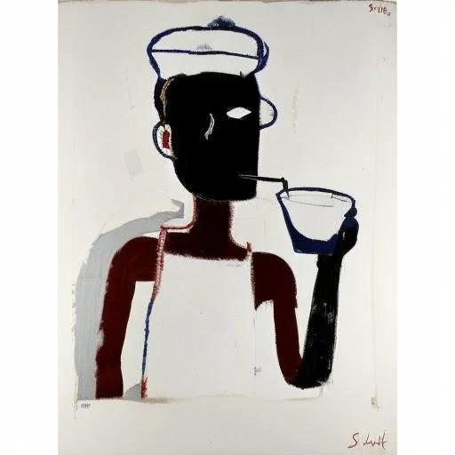 painting of a man drinking milk, syle baskleon