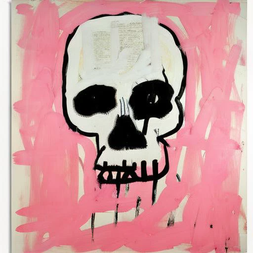 a painting of a skull on a pink background, syle baskleon