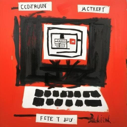 a painting of a computer on a red background, syle baskleon