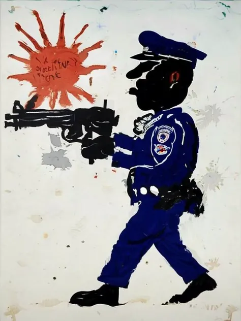 a painting of policeman firing his gun, explosion, syle baskleon