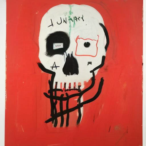 a painting of a skull on a red background, syle baskleon