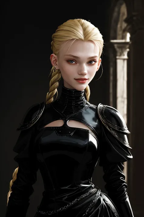 (tenebrist painting, high contrast, dramatic lighting, Caravaggio style:1.15), half-body of <lora:sd15_VasilinaKireenko_locon_24_v1-000012:1> VasilinaKireenko blonde hair smile, focus on smiling face, wearing leather armor , her hair is styled as fishtail side braid,