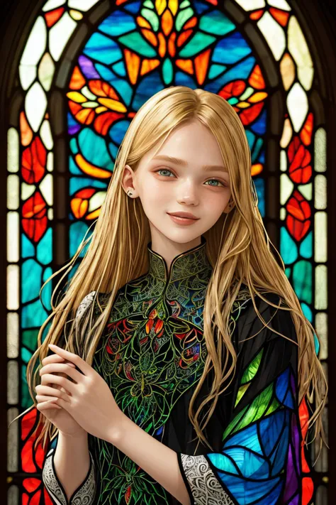 ((stained glass style:1.2), vibrant, fragmented, light effects, highly detailed:1.15), zentangle style portrait of <lora:sd15_VasilinaKireenko_locon_24_v1-000012:1> VasilinaKireenko blonde hair smile, face, eyes, butterfly symbols
