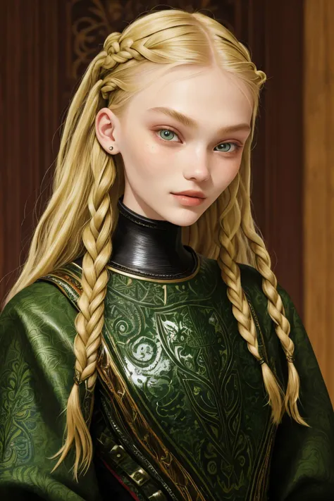 (folk art style, vibrant, patterned, cultural, highly detailed:1.15), close range of <lora:sd15_VasilinaKireenko_locon_24_v1-000012:1> VasilinaKireenko blonde hair smile, focus on face, from behind wearing leather armor , her willow green color hair is styled as fishtail halo braid,
