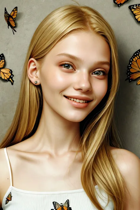 oil painting style portrait of realistic photo of <lora:sd15_VasilinaKireenko_locon_24_v1-000012:1> VasilinaKireenko blonde hair smile, face, eyes, butterfly symbols