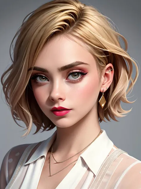 Realistic photo of a beautiful c4r4d-v2 woman, 1girl, solo, looking at viewer, short hair, blonde hair, simple background, jewelry, earrings, parted lips, grey background, lips, makeup, lipstick, portrait, realistic, red lips, soft lighting, professional Photography, Photorealistic, detailed, RAW, analog, sharp focus, 8k, HD, high quality, masterpiece<lora:c4r4d-v2:1.0>