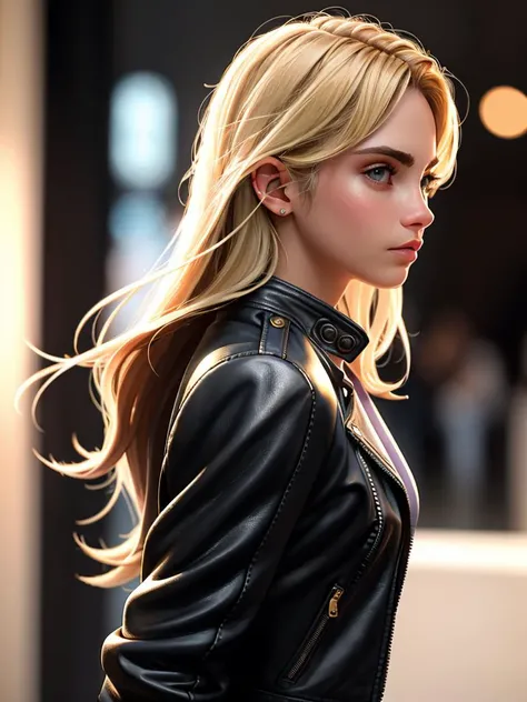 Realistic photo of a beautiful c4r4d-v2 woman, 1girl, solo, long hair, looking at viewer, blonde hair, jacket, upper body, blurry, from side, lips, looking to the side, blurry background, realistic, leather jacket, soft lighting, professional Photography, Photorealistic, detailed, RAW, analog, sharp focus, 8k, HD, high quality, masterpiece<lora:c4r4d-v2:1.0>
