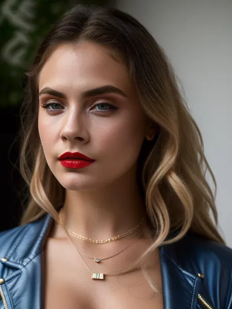 Realistic photo of a beautiful c4r4d-v2 woman, 11girl, solo, long hair, breasts, looking at viewer, blue eyes, blonde hair, cleavage, jewelry, jacket, upper body, parted lips, teeth, necklace, blurry, lips, makeup, blurry background, lipstick, realistic, red lips, soft lighting, professional Photography, Photorealistic, detailed, RAW, analog, sharp focus, 8k, HD, high quality, masterpiece<lora:c4r4d-v2:1.0>