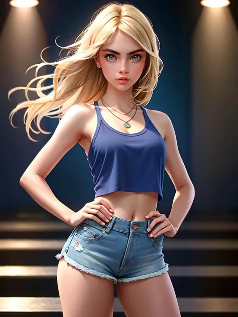 beautiful blonde model, In navy blue high-waisted shorts and a crop top, body complet, Face and head, Photorealistic, Extreme detailing, Octane Render, Artstation, Unreal engine