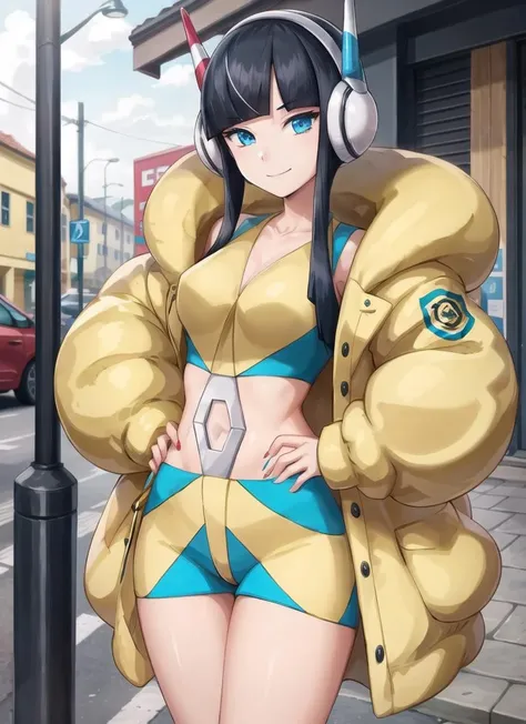 elesa, 1girl, headphones, black hair, blue eyes, bangs, asymmetrical footwear, smile, blunt bangs, short hair with long locks, flats, jacket, yellow jacket, collarbone, yellow coat, blue footwear, red footwear, breasts, sidelocks, shorts, eyelashes, long sleeves, knees, fur coat <lora:elesa_v1:0.7>, standing, outdoor, cowboy shot <lora:more_details:0.2> outdoor