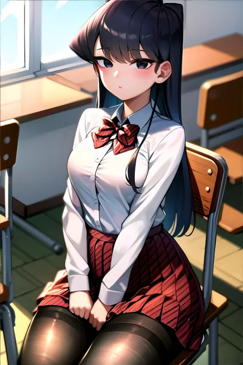 <lora:komiCantCommunicate:1>, komiShouko, masterpiece, best quality, absurdres, 1girl, looking at viewer, v arms, pantyhose, classroom, school uniform, red skirt, red bow, blazer, window, sitting, chair, crowd