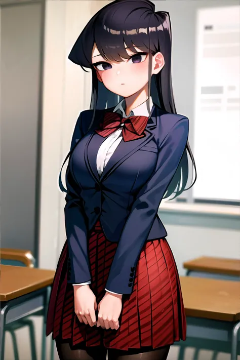 <lora:komiCantCommunicate:1>, komiShouko, masterpiece, best quality, absurdres, 1girl, looking at viewer, standing, v arms, pantyhose, classroom, cowboy shot, school uniform, red skirt, red bow, blazer