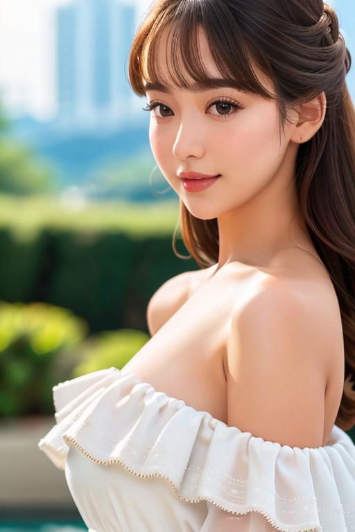 A woman with long hair and a white top posing for a picture - SeaArt AI