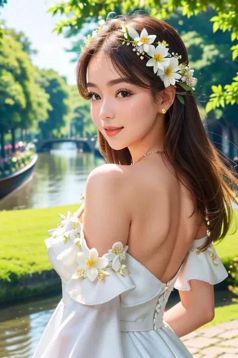 1girl, white dress, off shoulders, close-up-view, intricate details, sharp focus, high resolution, the background of beautiful flower park with trees and canals, beautiful sunny day,