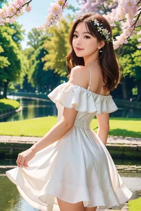 1girl, white dress, off shoulders, close-up-view, intricate details, sharp focus, high resolution, the background of beautiful flower park with trees and canals, beautiful sunny day,