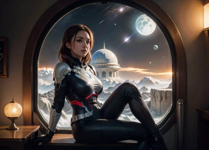 a woman sitting on a chair in front of a large window with a view of a fiery red and blue star, Eve Ryder, mass effect, concept art, space art, epic sci-fi artwork, looking out of the window <lora:epiCRealismHelper:1> <lora:SDXLrender_v1.0:0.6> <lora:popular:1>